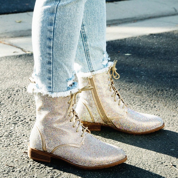 NEW🔥 Champagne Diamante Rhinestone Lace Up Combat Military Ankle Booties Boots - Picture 4 of 4